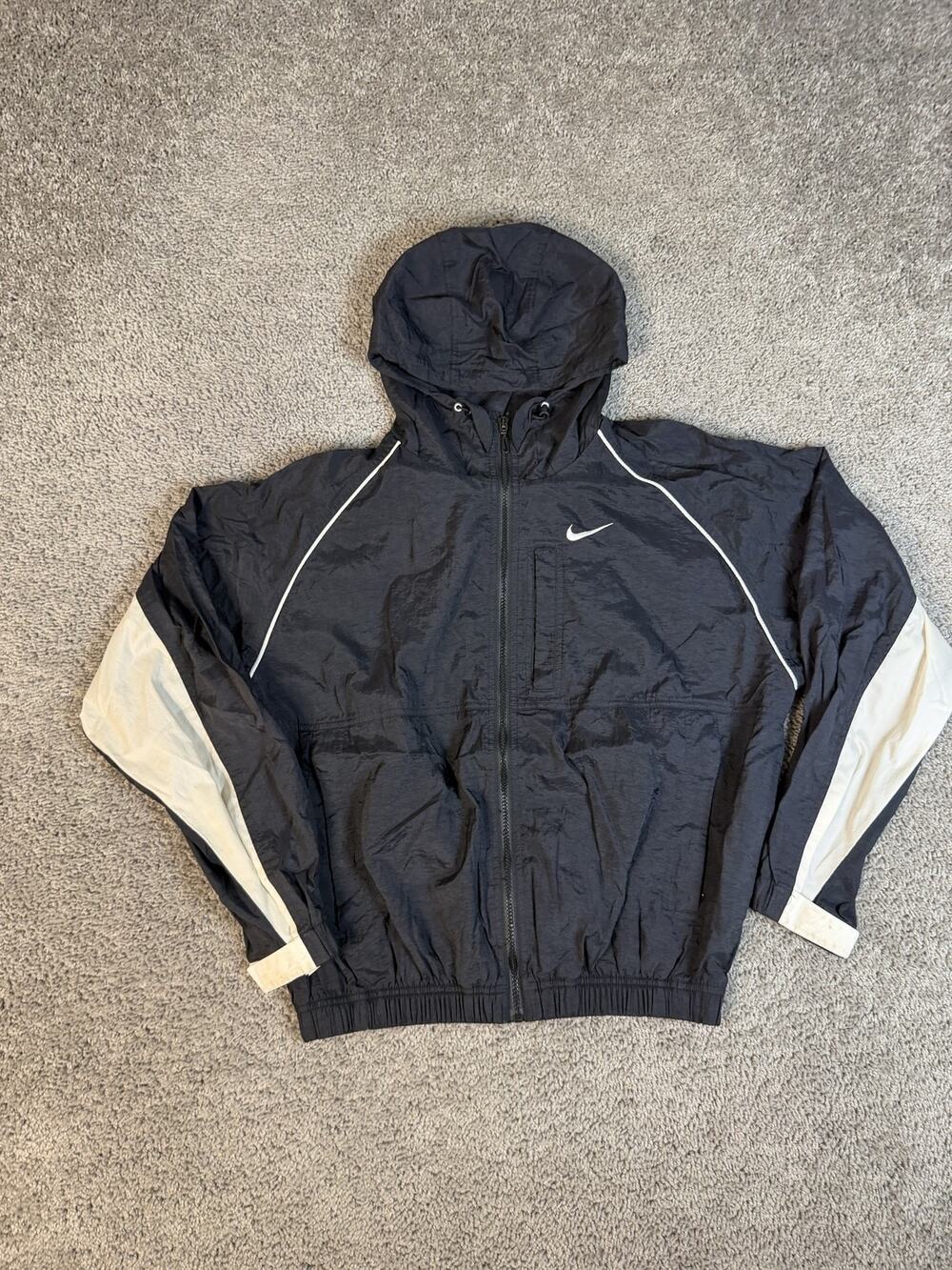 VTG Nike Jacket Womens S Black Windbreaker Hooded Lined Pockets Lightweight